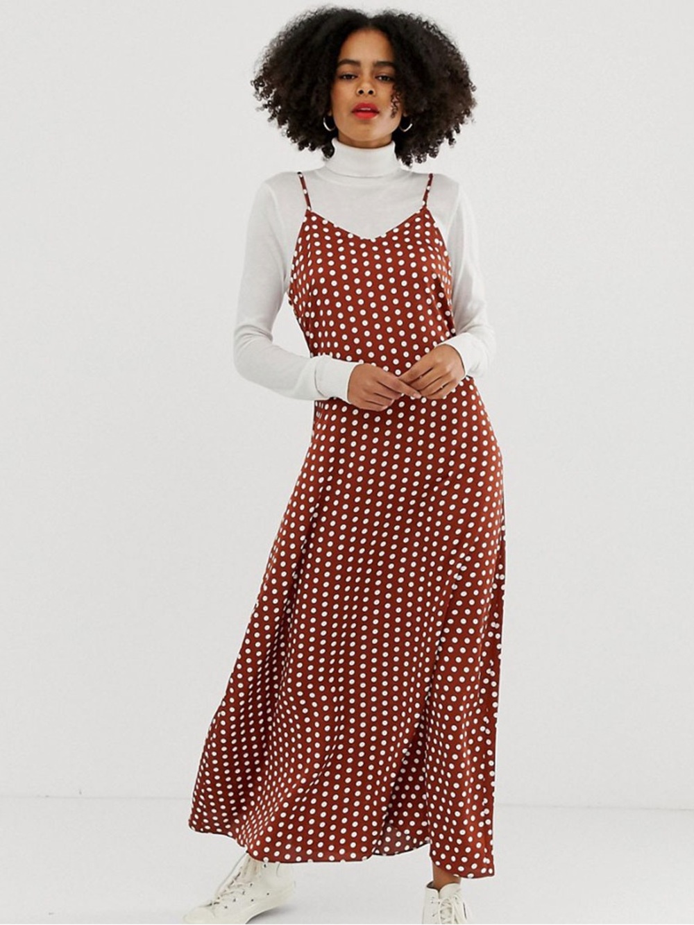 ASOS Brown and Cream Polka Dot Silky Maxi Slip Dress